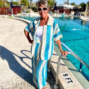 NWT Blue and white/cream stripe 2 piece knit cover up pant set